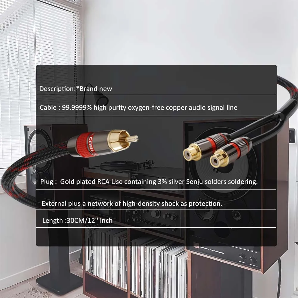 High-end 30cm Audio RCA Male Plug to 2RCA Female Plugs Y Splitter Cable Converter Cable Adapter Cable for Car AUX Amplifier