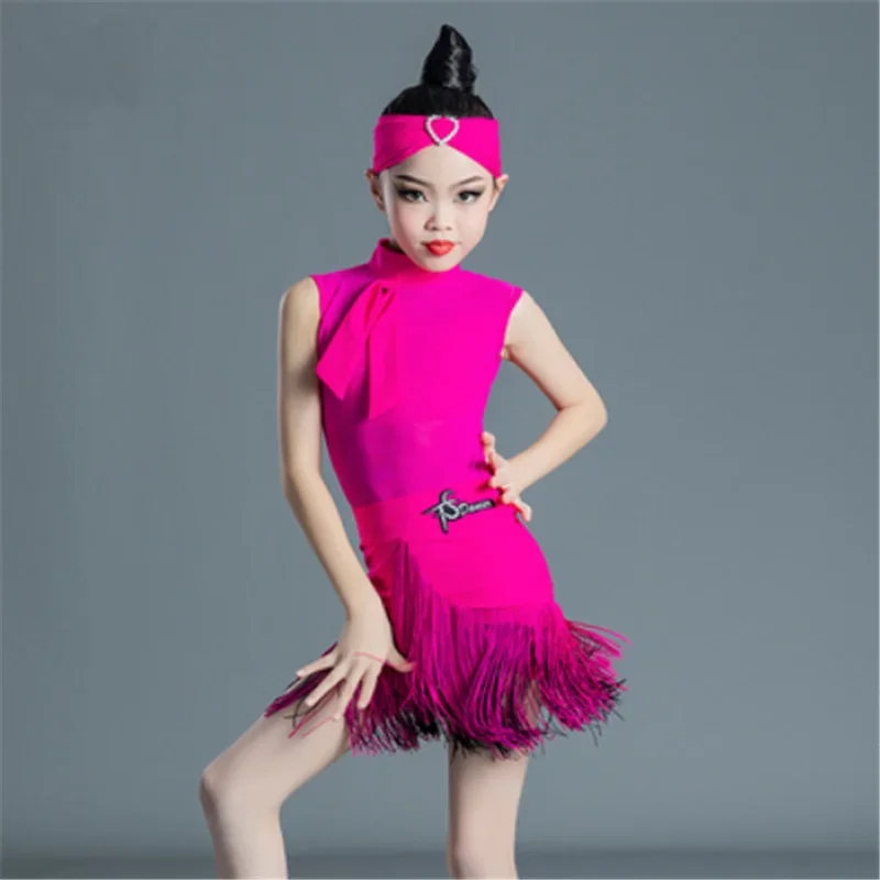 Latin Dance Dress Girls Cha Cha Dance Costume Fringe Dress Rhodo/Purple Kids Latin Competition Dress Samba Practice Wear