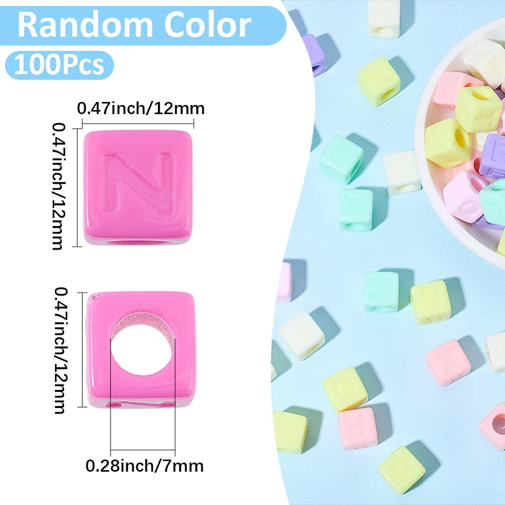 100Pcs Opaque Acrylic European Beads Large Hole Beads Cube with Letter Mixed Color 12x12x12mm Hole: 7mm