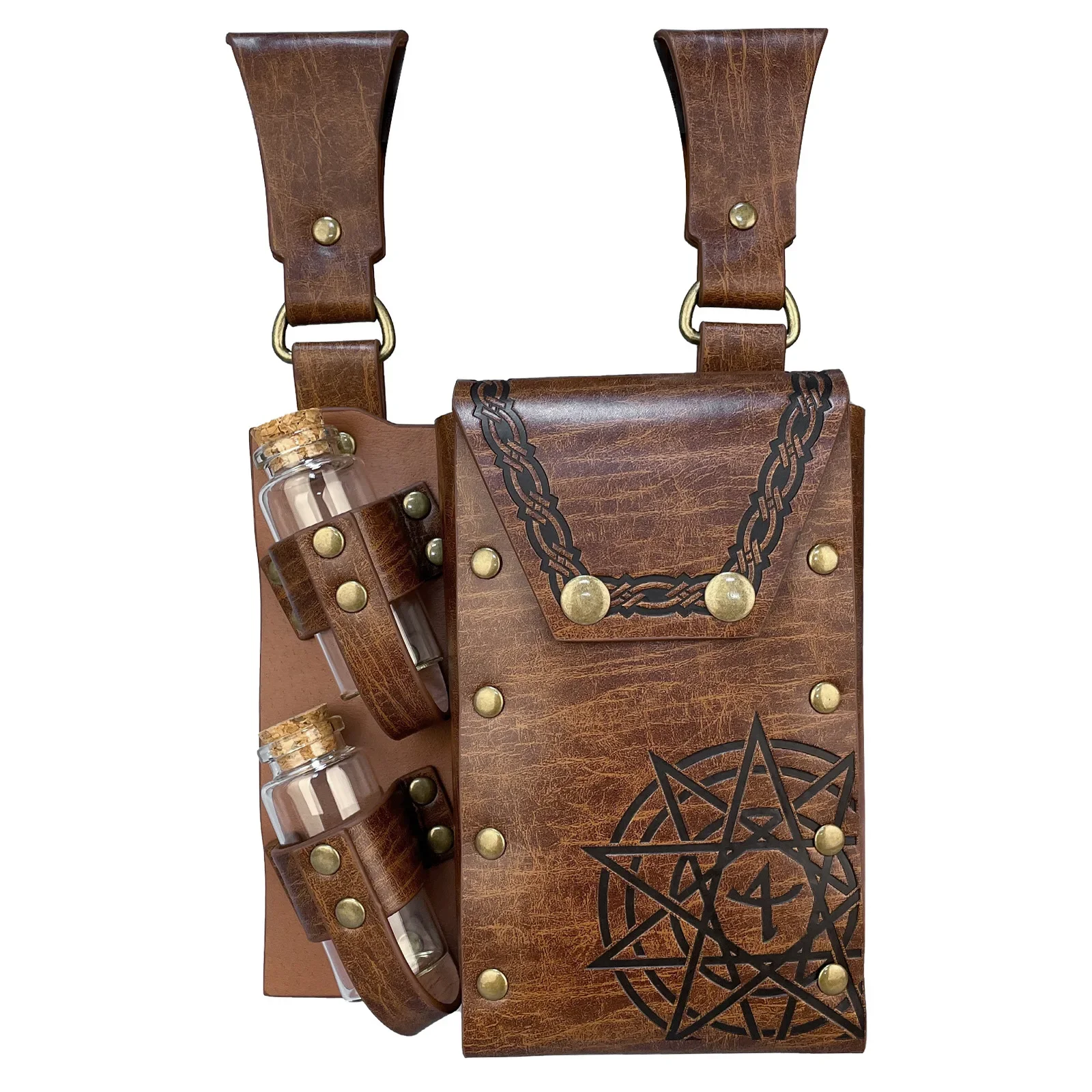 

Medieval Retro Waist Pouch Bag Medieval Alchemy Faux Leather Belt Bag, 2 Cork Potion Vials, Fantasy Wizard Waist Pouch Side Pack