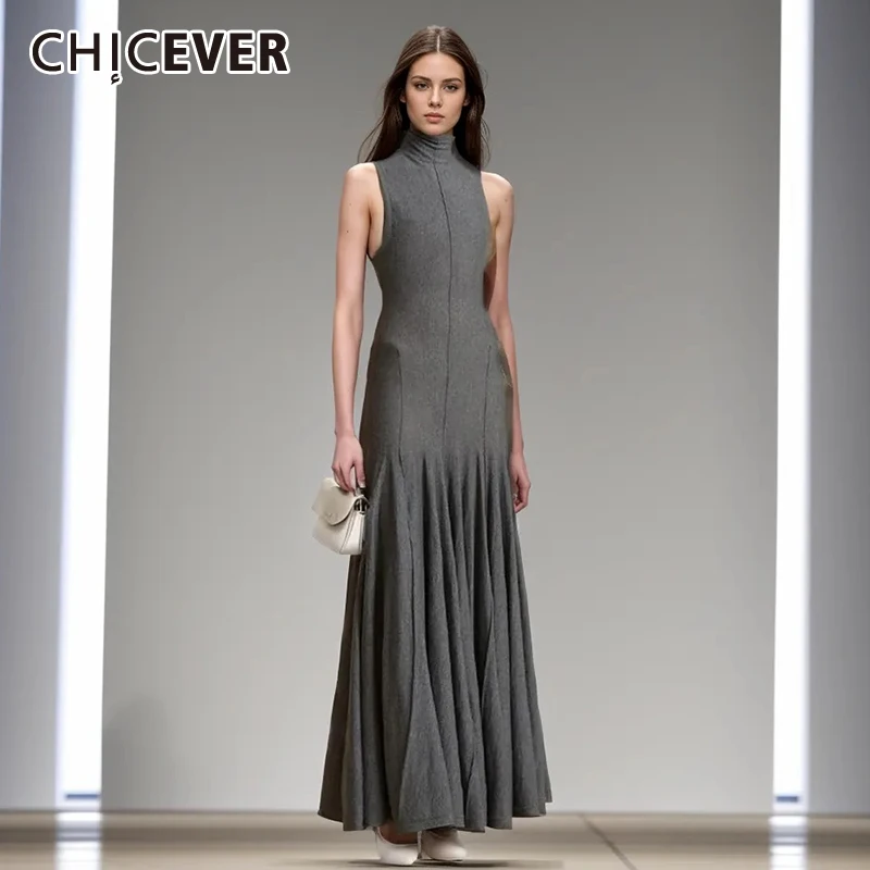

CHICEVER Solid Elegant Spliced Folds Dress For Women Turtleneck Sleeveless High Waist Backless Slimming Maxi Dresses Female New