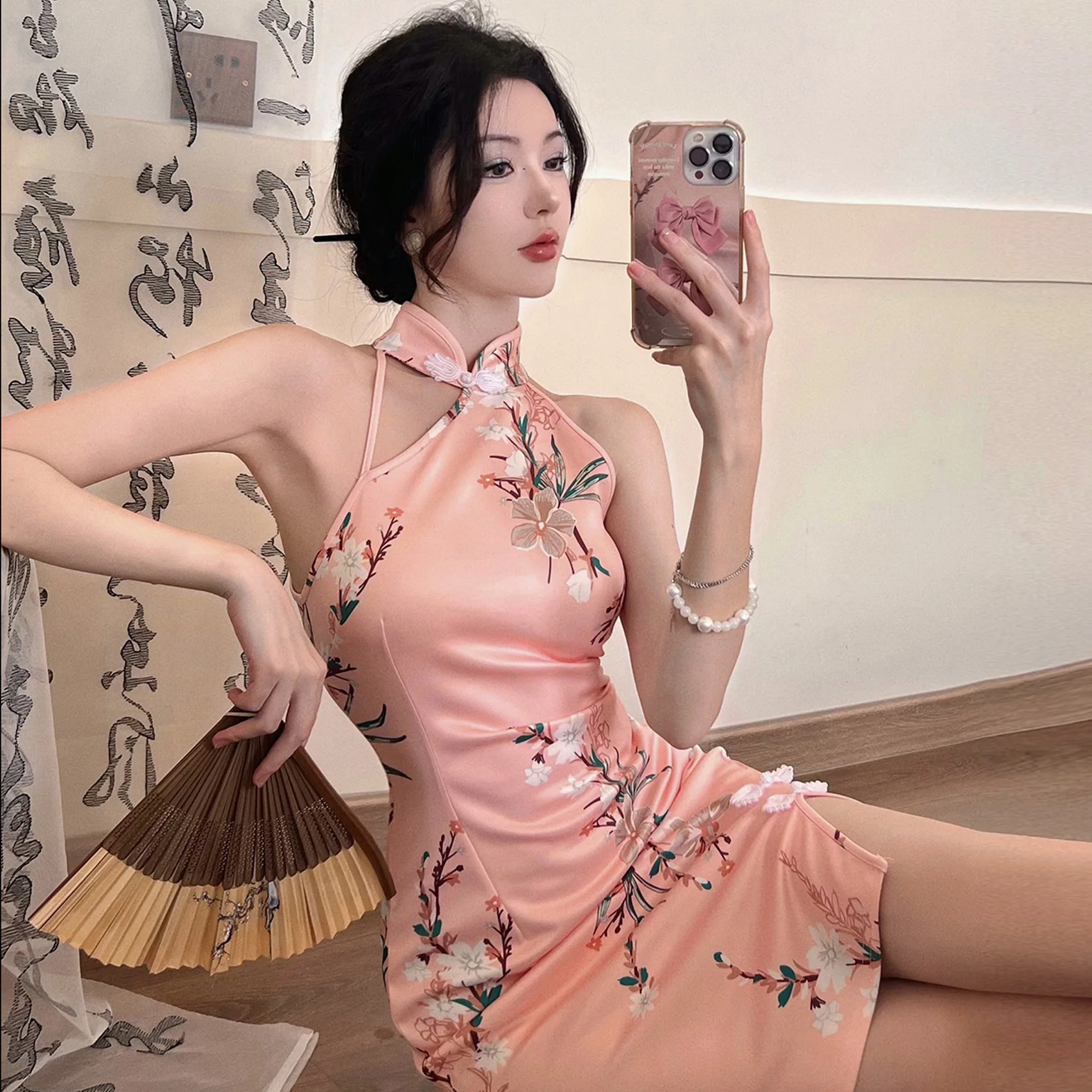 Sexy Modern Cheongsam For Women Chinese Dress Qipao Slim Body Trimming Sleeveless Young Fashion Floral Print Vintage Retro