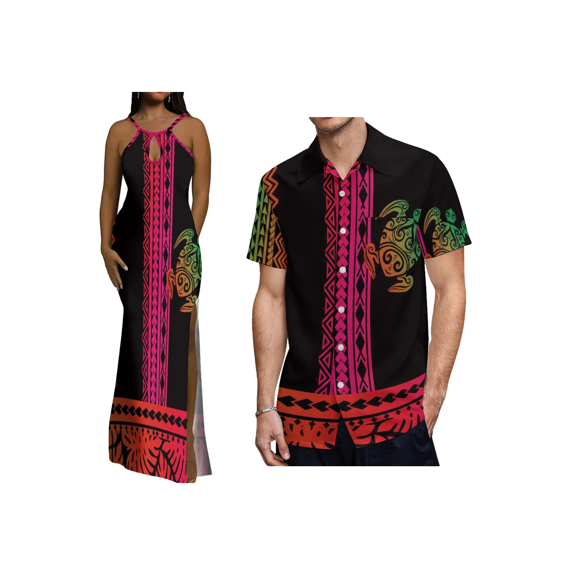 

Wholesale Custom Summer Sleeveless Slit Sling Dress Polynesian Tonga Print Water Drop Design Women Party Clothes Evening Dress