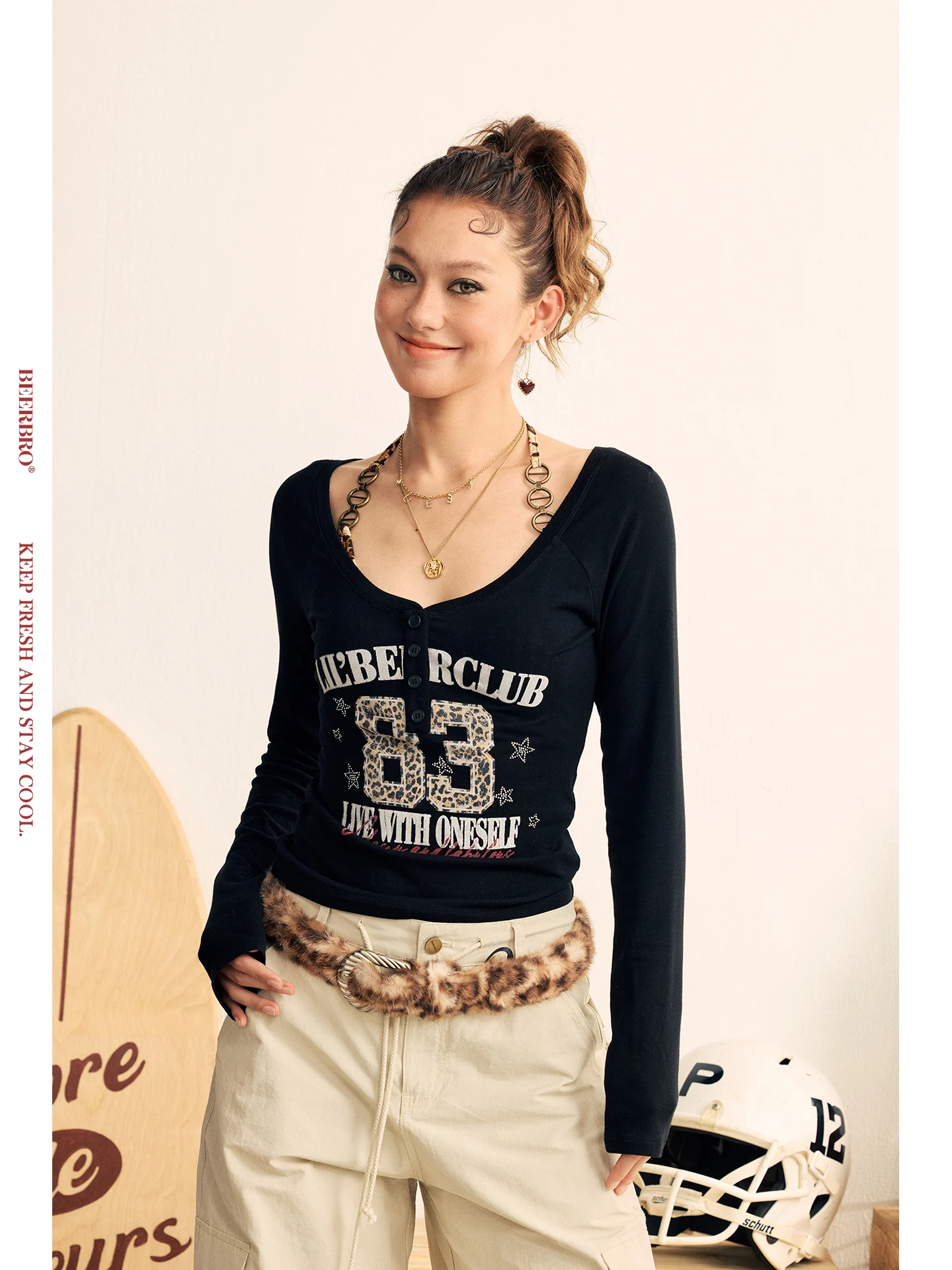 BeerBro Skin-friendly Lyocell Wool Leopard Print White Long Sleeve T-shirt True Two-piece Set for Women Spring Fashion 2026