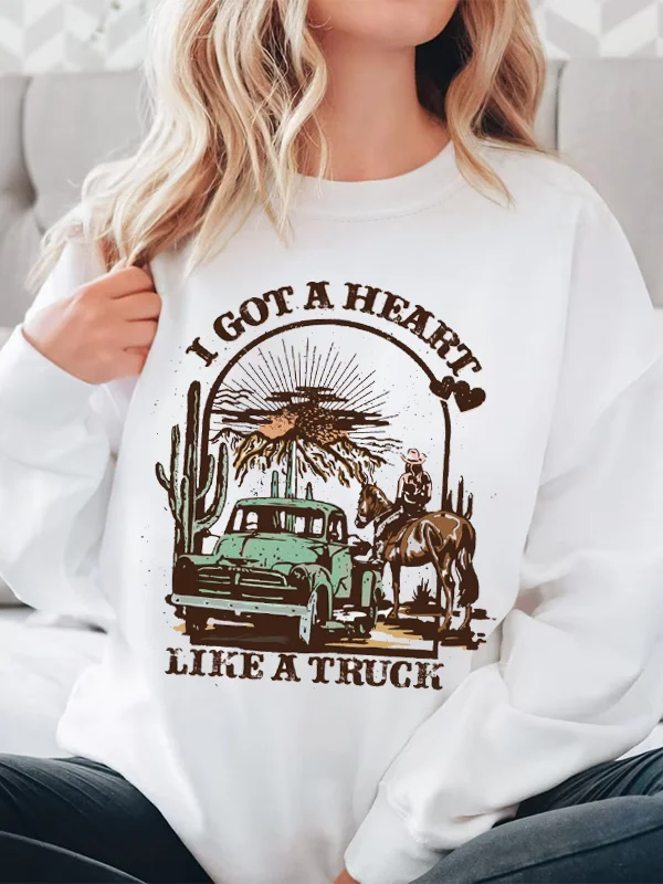 I Got A Heart Like A Truch Slogan Women Sweatshirt Vintage Desert Cowboy Truck Mountain Range Cactus Print Casual Female Tops