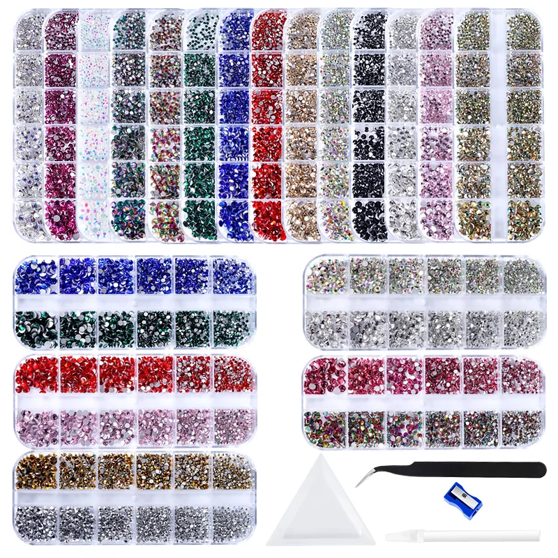 

12Gird 3D Glass AB Crystal Nail Art Rhinestones Kit Flatback Round Bead Charm Gem Stones Jewelry Diamond with Tools for Nail Art