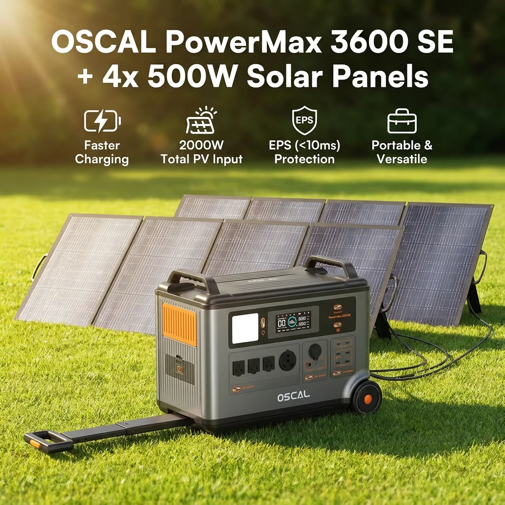 OSCAL PowerMax 3600SE Solar Generator Optional 500W Solar Panel: 3600Wh High-Capacity Portable Power Station, 1800W AC / 1600W Solar Fast Charging LiFePO4 Power Station for Outdoor Use and Emergencies