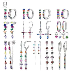 925 Sterling Silver Needle Fashion Colorful Crystal Silver Stud Earring for Women Geometry Pendant Hoop Earring Luxury Jewelry