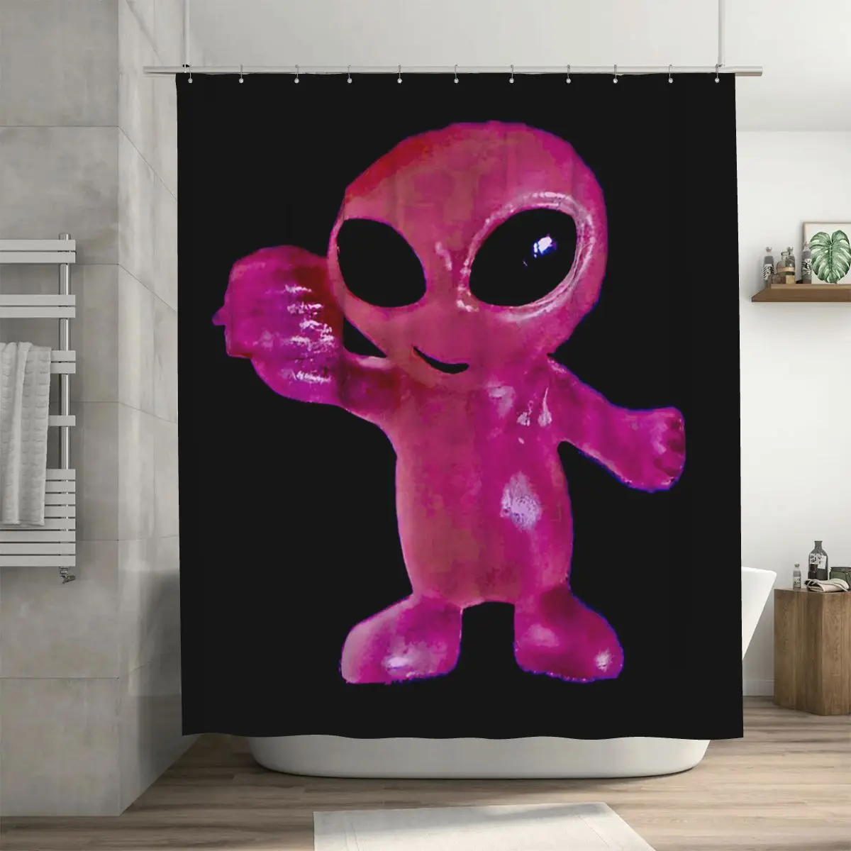 Hot Pink Alien With Hamburger By ElitebyElise Shower Curtain Bathroom Polyester Waterproof Bath Curtains with Hooks