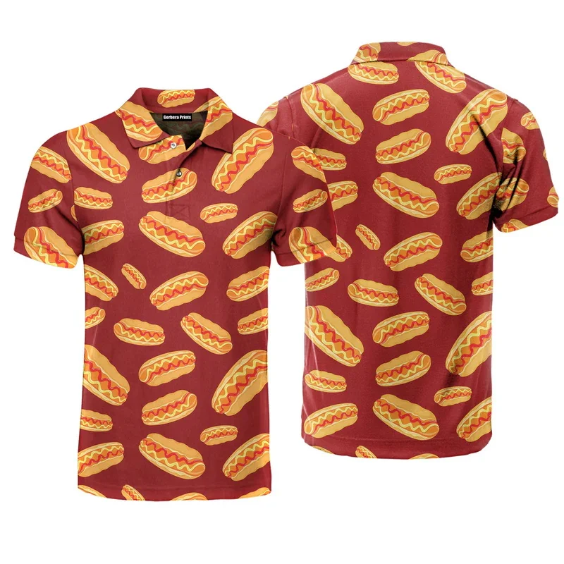 Hot Dog Full Funny Golf T Shirt For Man Cartoon Graphic Food Short Sleeve Button Polo Shirts Ice Cream Lover Personality Tee Top