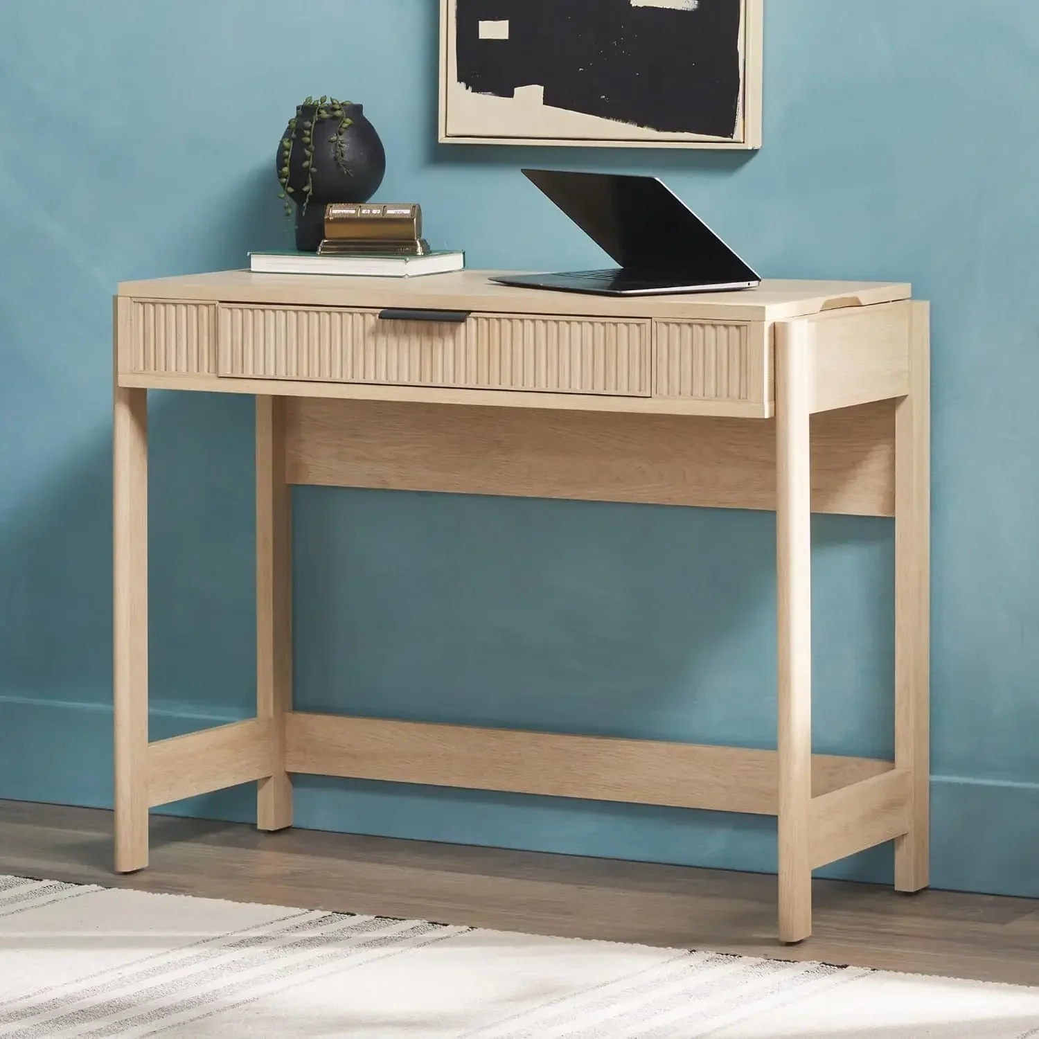 Office Writing and Computer Desk Spacious Desktop, Complementary in Living Spaces, 38 Inch, Reeded Lift-Top Coastal Oak