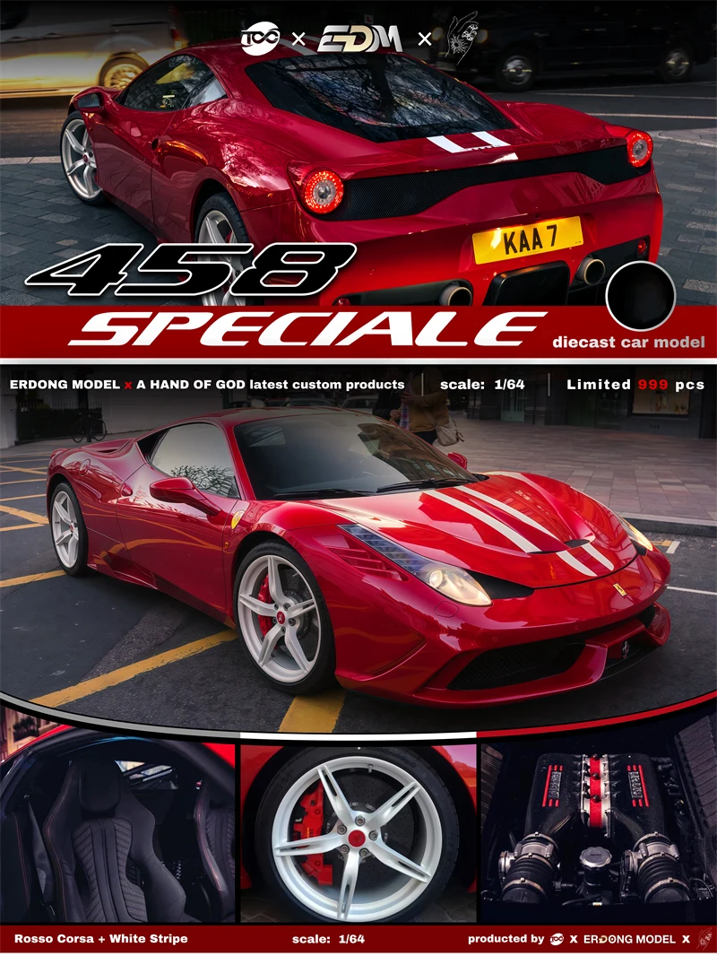 TOC X EDM X AHandofGod 1:64 458 Rosso Corsa White Stripe Die-Cast Car Model Miniature Gifts