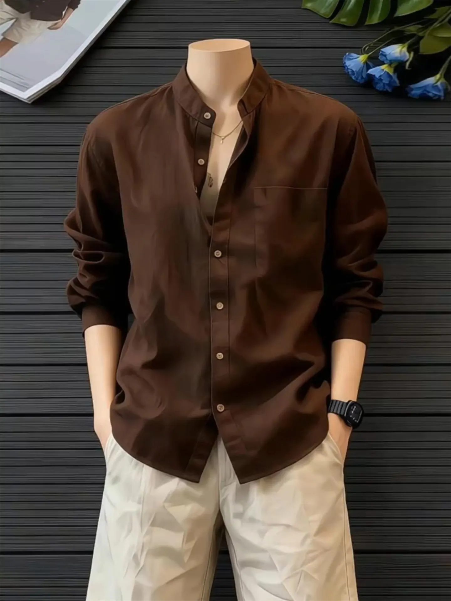 Linen-Like Long Sleeve Shirt Men's Lightweight Quick-Dry Summer Casual Style Collarless Button-Up Sun Protection Shirt