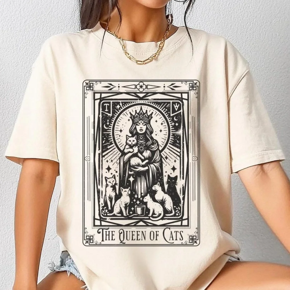 

Женская хлопковая футболка Cat Lover Tarot Shirt Queen of Cats Карта Таро Футболка Witchy Cat Lady Shirt Забавная футболка с рисунком кота Таро