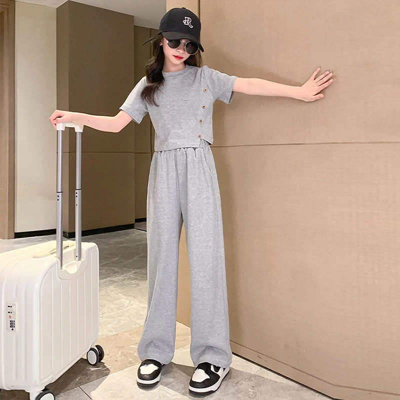 

Детский летний костюм из 2 предметов: укороченный топ и широкие брюки для девочек 5-14 лет, новинка 2026 года