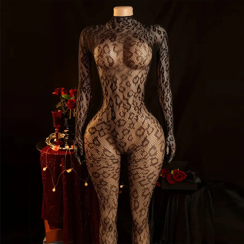 Elegant Leopard Print Sheer Bodysuit - High Nylon Lingerie for, Long Sleeve, High Elasticity Full-Body Fishnet Design