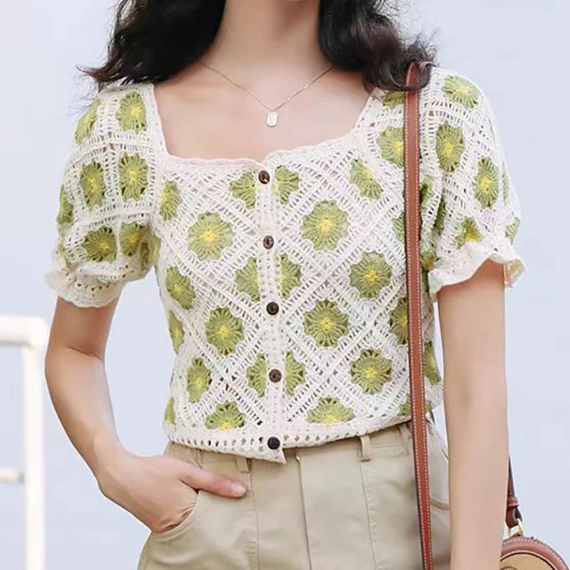 Women Floral Embroidered Sweet Top Square Collar Knit Short Sleeve Beach Shirt Ruffles Holiday Crop Top Spring Summer