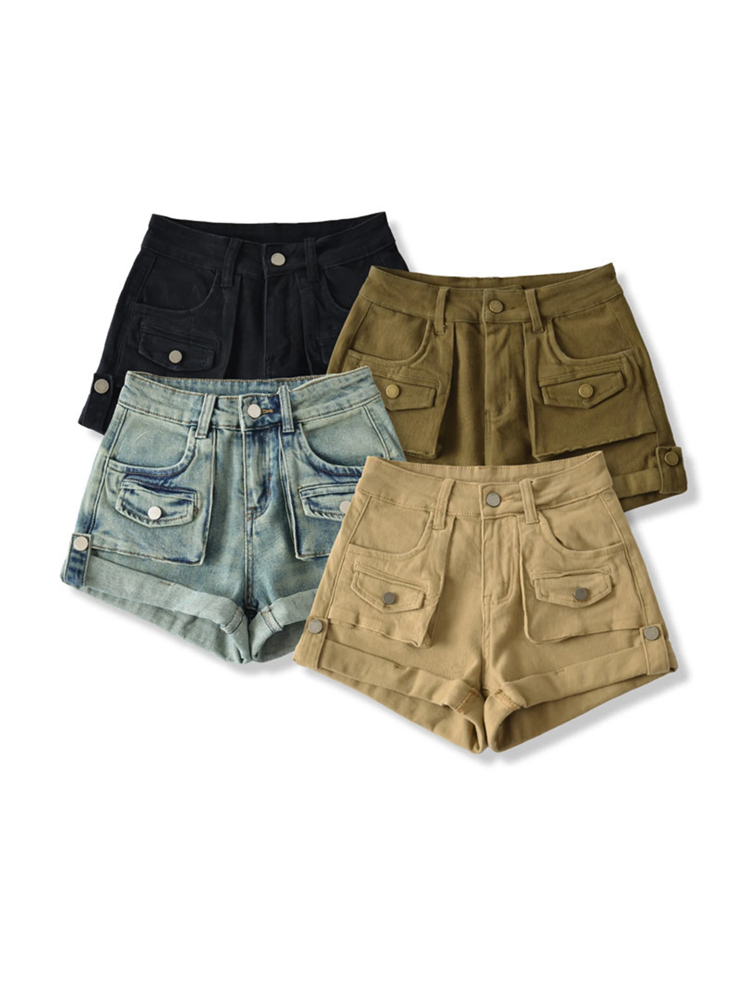 Women Khaki Hot Denim Shorts 2000s Y2k Gyaru Mini Jean Shorts High Waist Cargo Shorts Wide Leg Cowboy Pants Clothes Summer 2026
