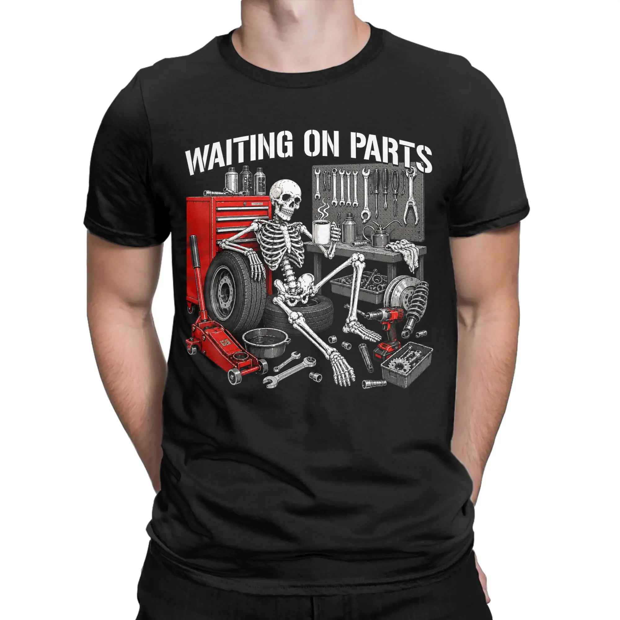 Waiting On Parts Mechanic Skeleton Auto Repair Life T-Shirts for Men Pure Cotton Tees Round Neck T Shirt Plus Size Tops