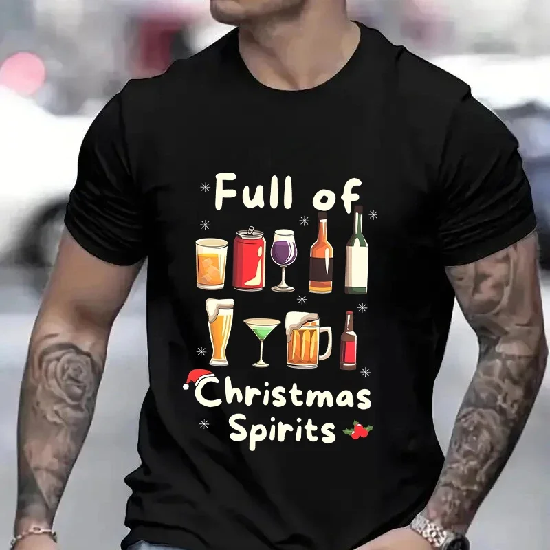 

Funny Christmas Party T-Shirt Full of Christmas Spirits Tees Merry Xmas Drinking Gift for Men Casual Short Sleeve Tops Clothing