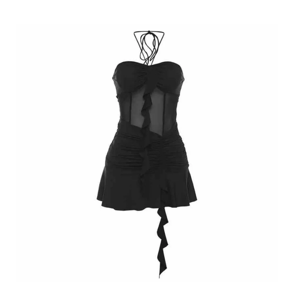 

Sleeveless Ruffle Edge Lace Dress Slim Fit Transparent Women Halter Neck Dress Spicy Girl Skirt Halter Camisole Dress Travel