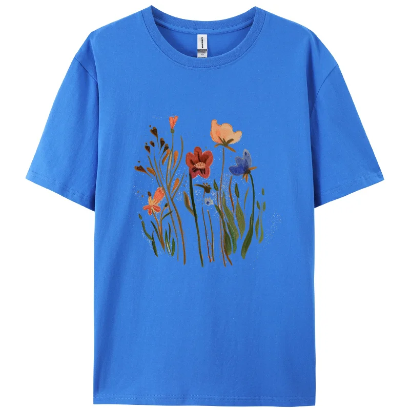 Round Neck Women's T-shirt Pastoral Print 100% Cotton Breathable Fabric Daily Leisure Commuting Style 2024 Summer Fashion Item