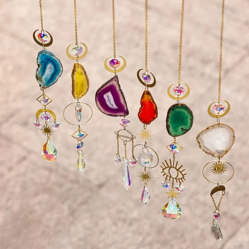 6pcs New Natural Stone Crystal Wind Chime Crushed Stone Sun Catcher Colorful Agate Raw Stone Indoor Garden Pendant