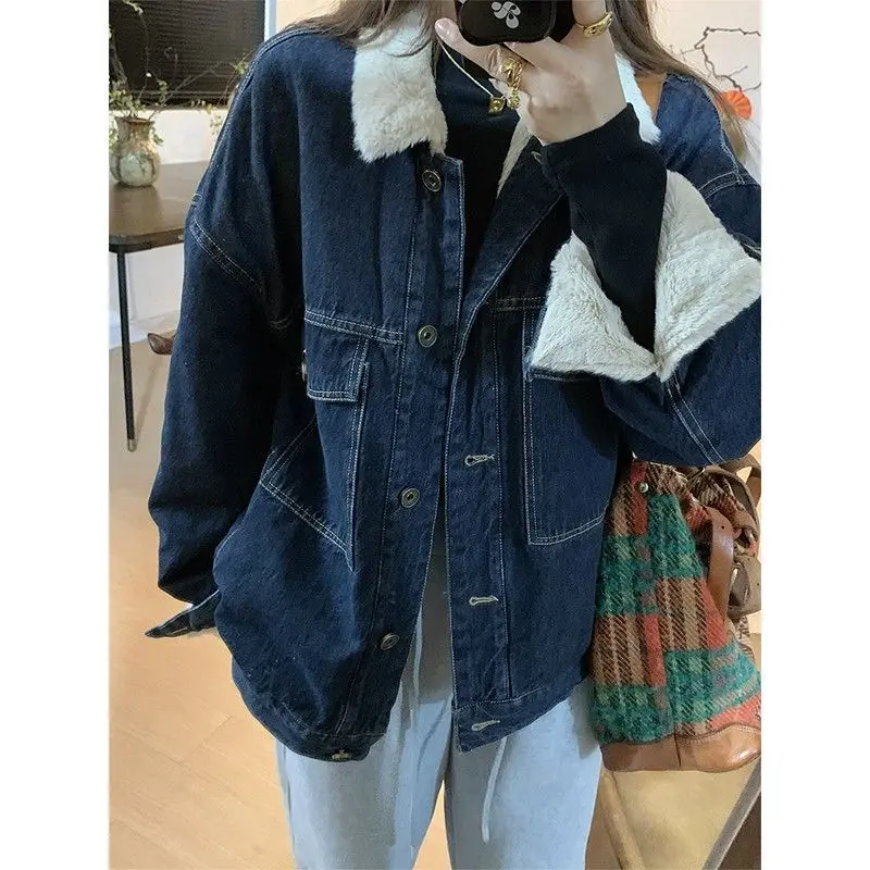 

Denim Coat For Women Dark Fur Plush Womens Winter Cropped Quilted Hooded Subcultural Funky Vintage Leisure Outwears Softshell OL