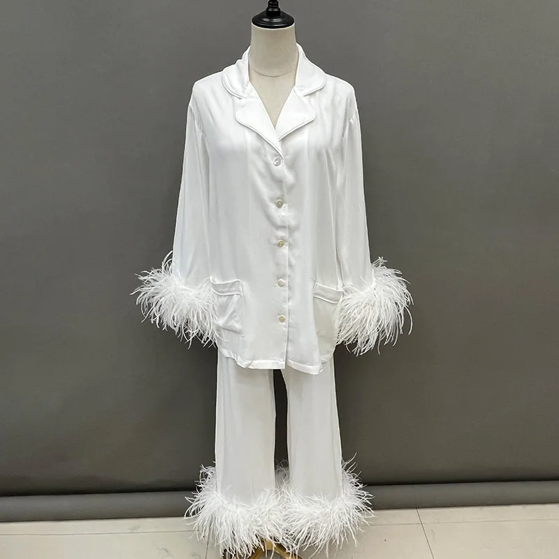 Women Big Feather Pajamas Sets 2024 Spring Summer Lady Natural Ostrich Feather Suit S5385