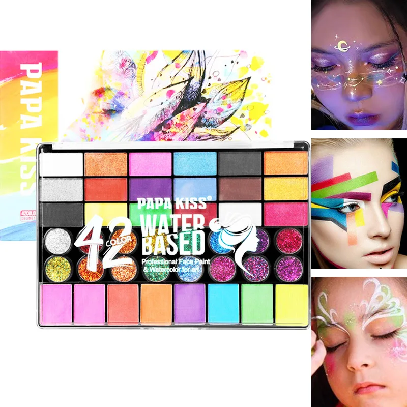 42 Colors Face Body Paint Pigment Professional Glitter and Glow Washable Makeup Tool in Night Palette for Festival Cosplay Party