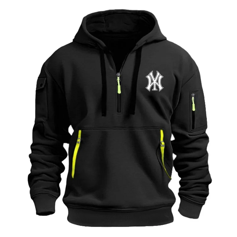 

Men's sweatshirt, autumn long-sleeved hooded pullovers, printed zipper pocket sweatshirt, European-sized drawstring sports top