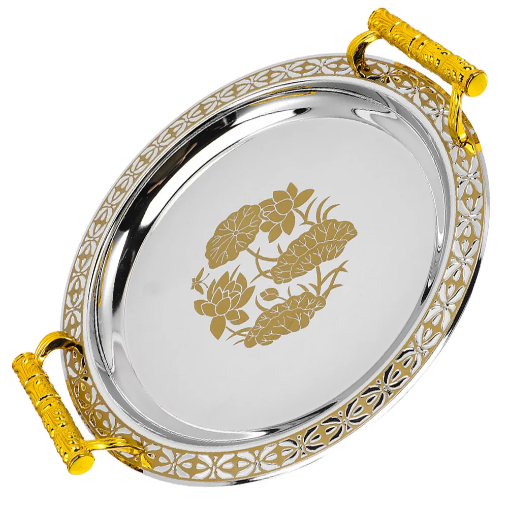 

Stainless Steel Gold Pattern Snack Plate Fruit Storage Tray Decorative Serving Dish for Home Use Serving Tray Bread Plate