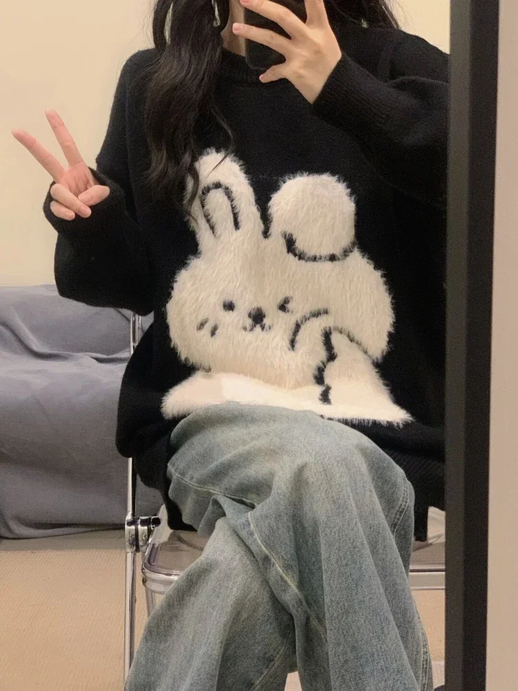 KOSAHIKI Japanese Cute Rabbit Jacquard Sweater Women Black Pullover Sueter Mujer Y2k Top Jumper Harajuku Knit   Tops