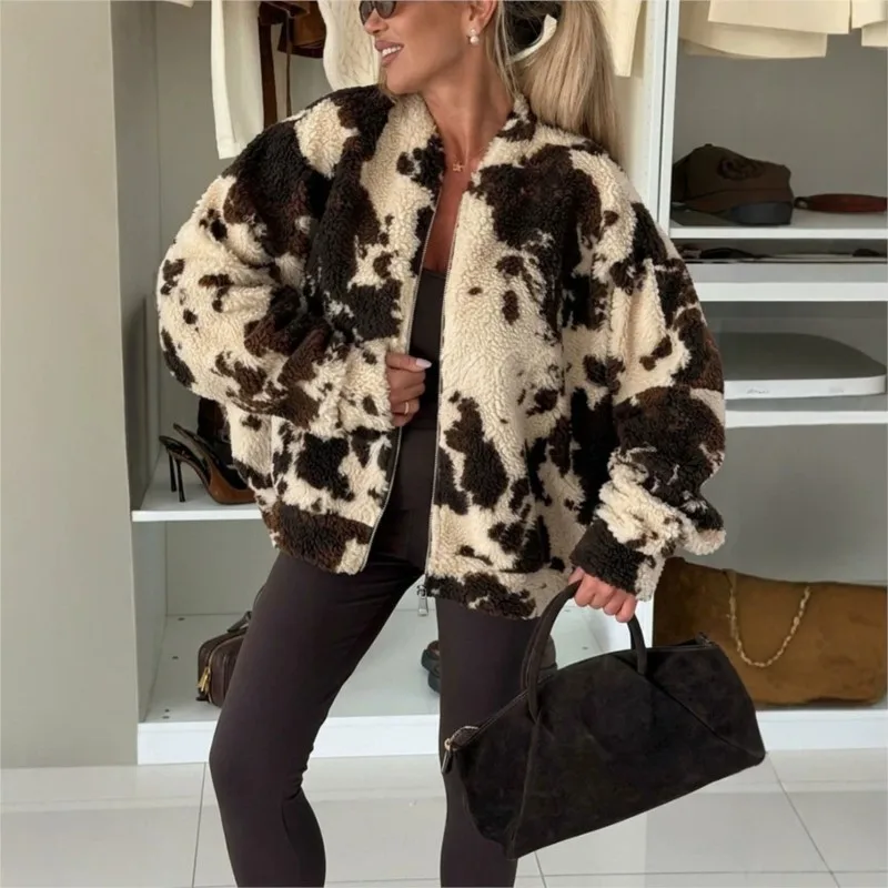 Women's Autumn Warm Plush Jacket Cow Spots Pattern Soft Zipper Coat Fashion Street Outerwear  Women Tops