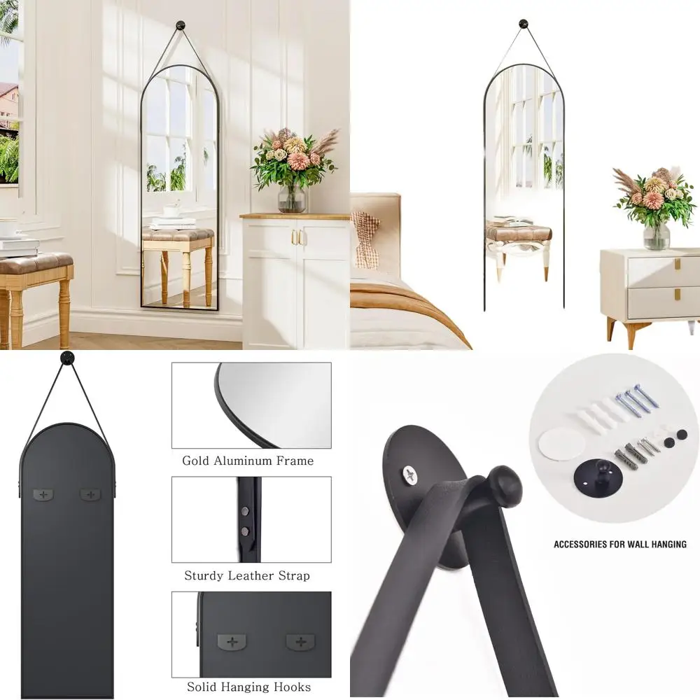 

Подвесное зеркало с арочным кожаным ремешком, 48x16 дюймов, настенное крепление для ванной, туалетного столика, гостиной, спальни, декора прихожей, черное