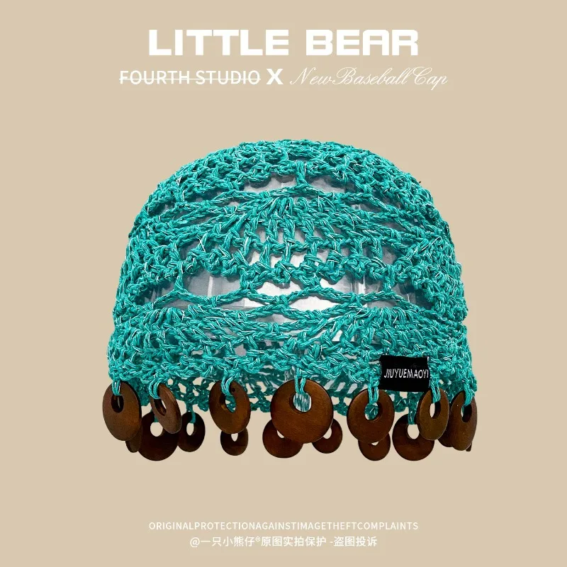 Niche Handmade Log Pendant Hollow Knitted Pullover Hat for Women Spring and Summer Breathable Ethnic Knitted Skull Beanie Cap