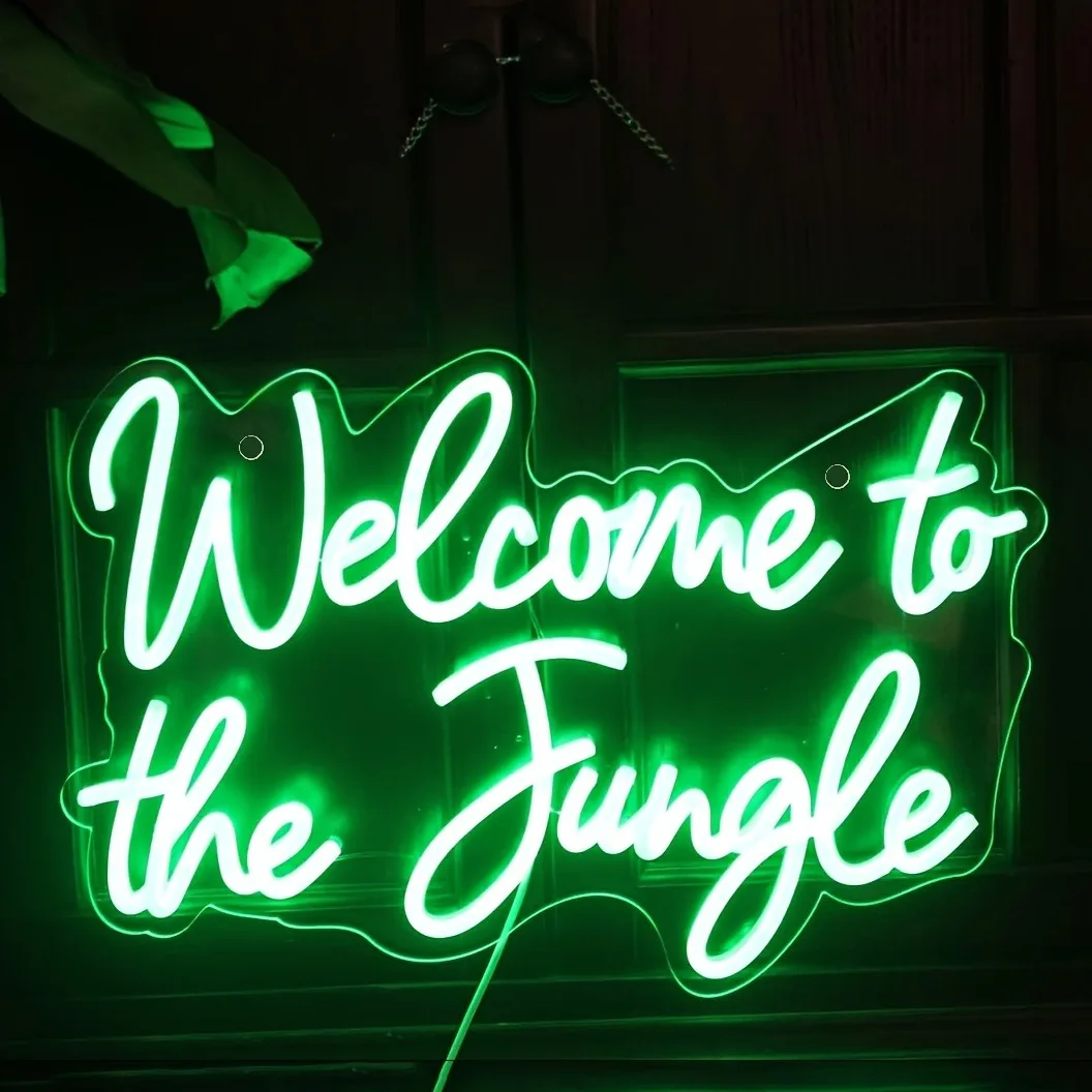 Benvenuti nella giungla Insegna al neon a LED Decorazione da parete verde Dimmerabile Alimentato tramite USB per la decorazione del negozio di piante da giardino, portico, bar
