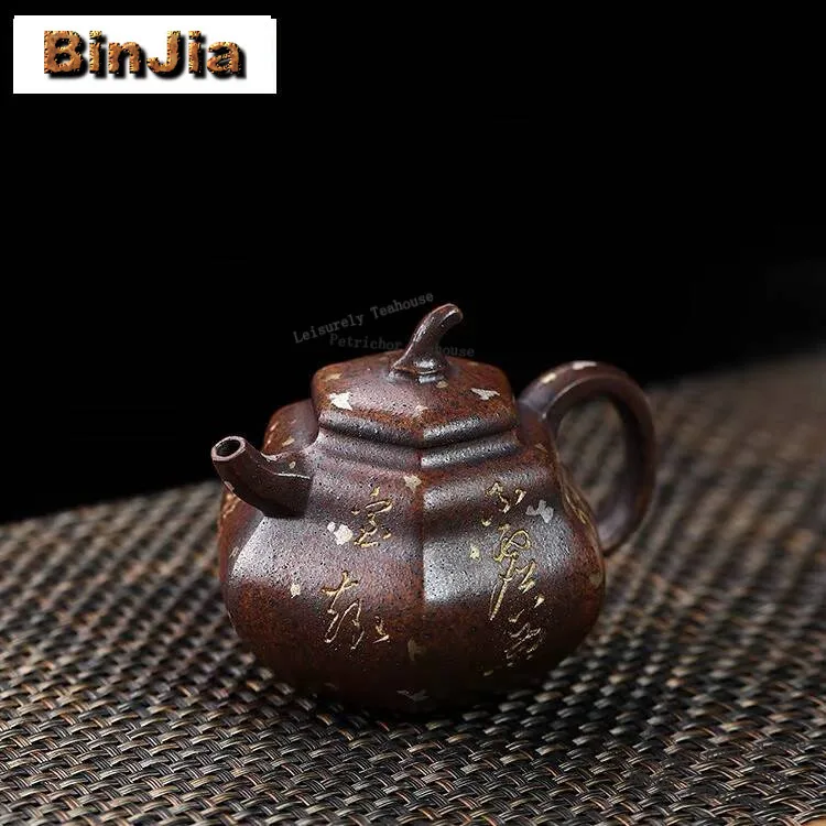 170ml Yixing Purple Clay Teapot Handmade Hexagonal Gourd Pot Raw Ore Section Mud Wood-fired Porcelain Kettle Filter Zisha Teaset