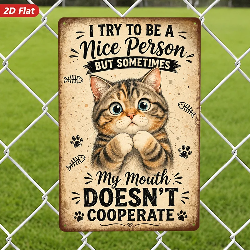 2D Flat, 1pc Metal Sign Wall Art, Cute Cat Artwork, Inspirational Quote 