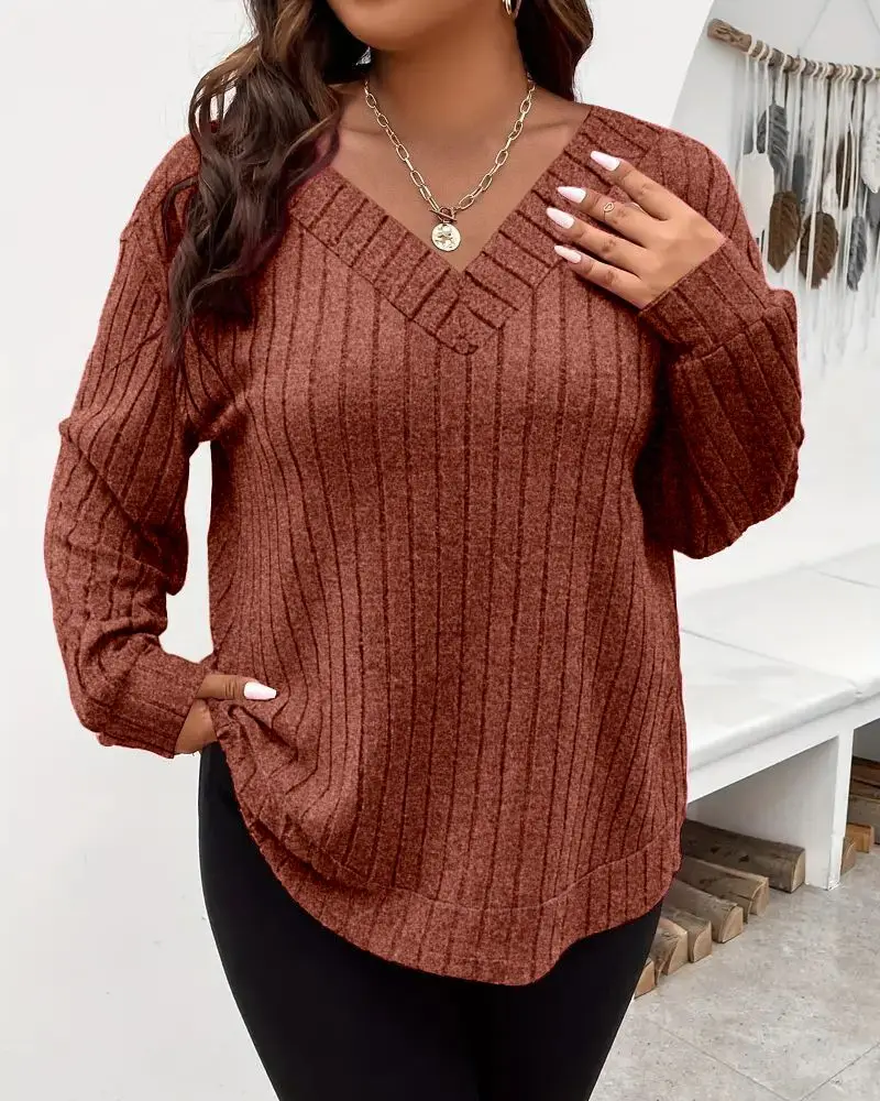 

Plus Size Women's Blouse V Neck Long Sleeve Ladies Blouse Casual Oversized Tunic Top Solid Ribbed T-Shirt Female Clothing