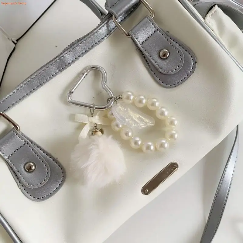 Q5WE Plush Pearls Pompoms Wing Keychain Winter Charm Phone Bag Accessory Gift