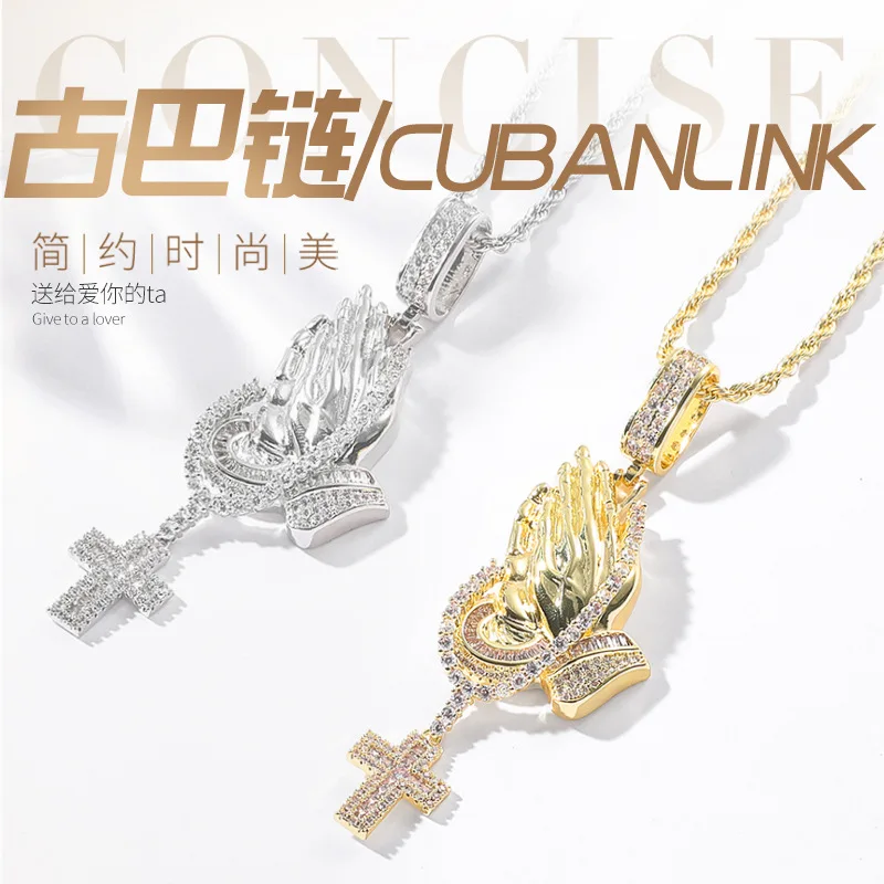 Hip Hop Vintage Praying Hands Cross Necklace Copper Zircon Inlay Religious Pendant Street Trend Statement Chain