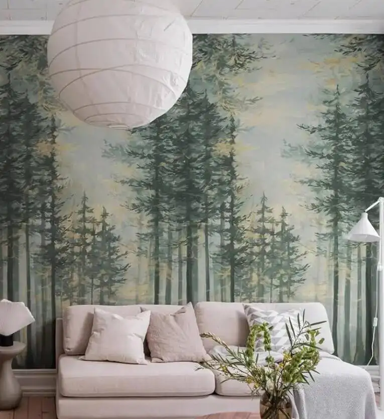 Custom Mural Wallpaper Oil painting of Pine Forest Landscape Living Room Bedroom Self-Adhesive Waterproof Papel De Parede