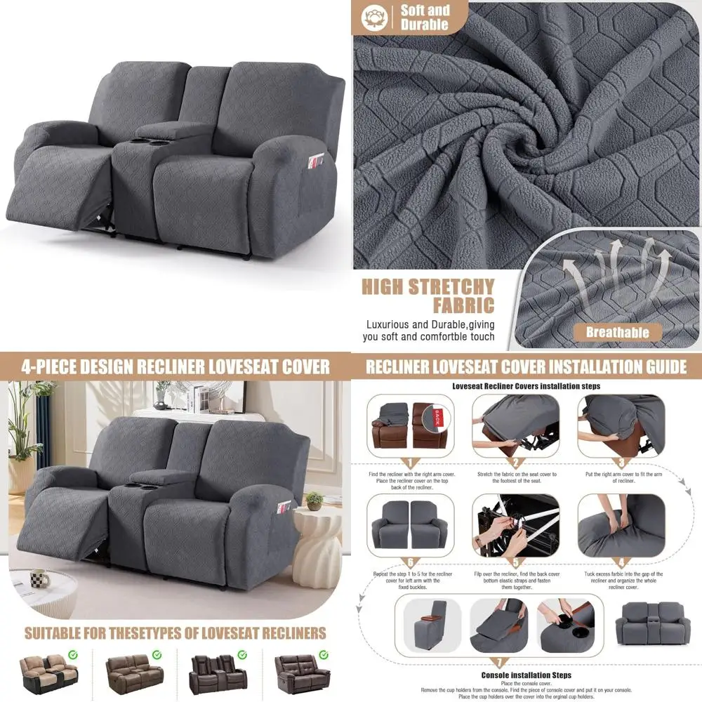 

Stretch Sofa Slipcover for 2-Seat Reclining Couch with Middle Console, Jacquard Fabric Recliner Loveseat Cover