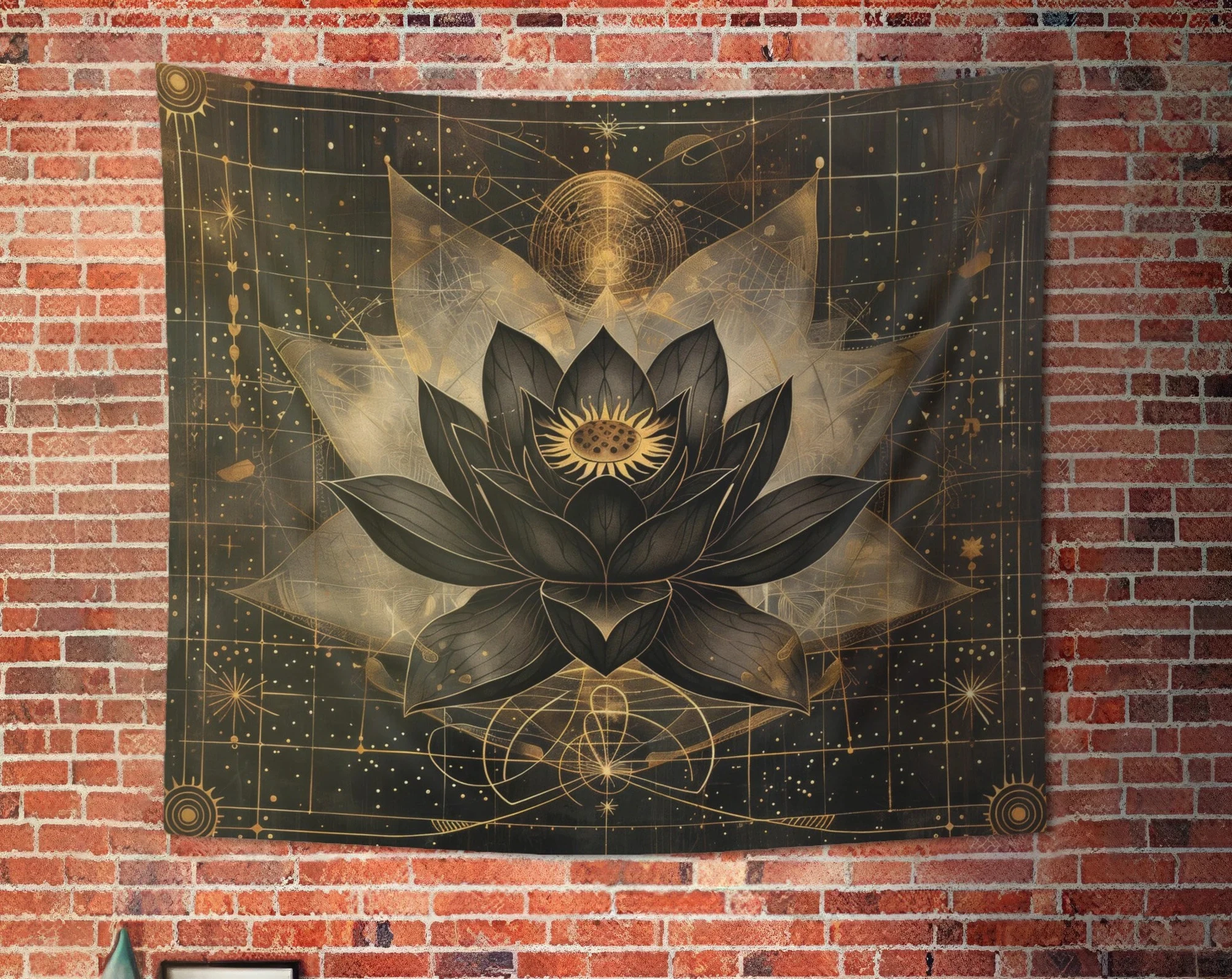 Black Lotus Wall Tapestry, Dark Occult Sacred Geometry Art, Enchanting Decor for Bedroom Living Room Dorm