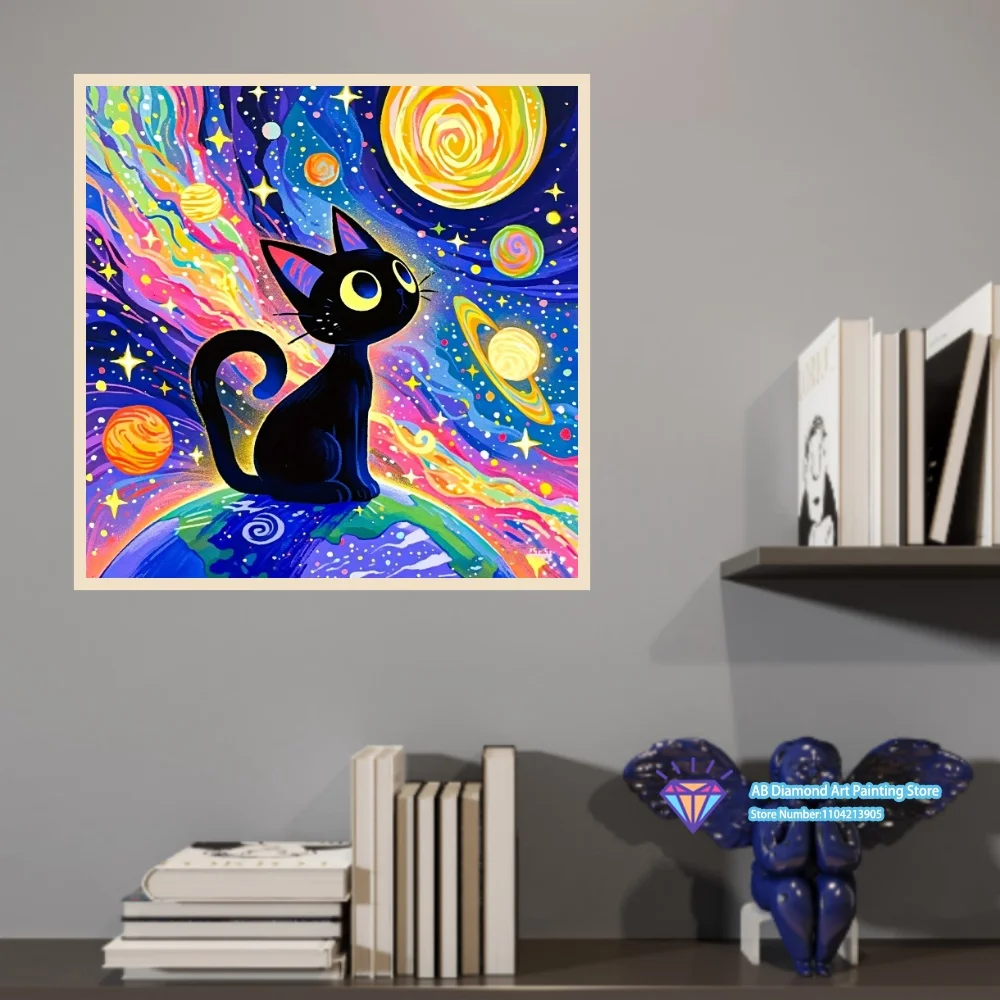 Black Cat Colorful Galaxy Space Art 5D DIY Diamond Painting Set with Square and Round Diamonds Handmade Crafts Home Decor Gifts