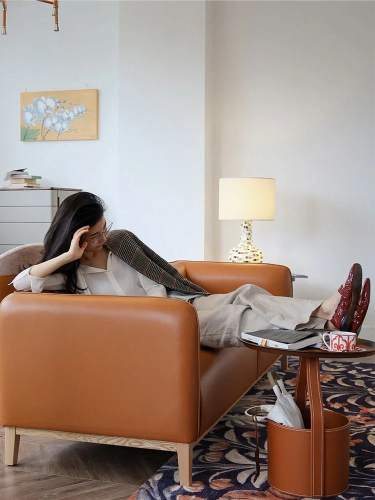 Golden brown Italian handmade saddle leather brass storage coffee table side table