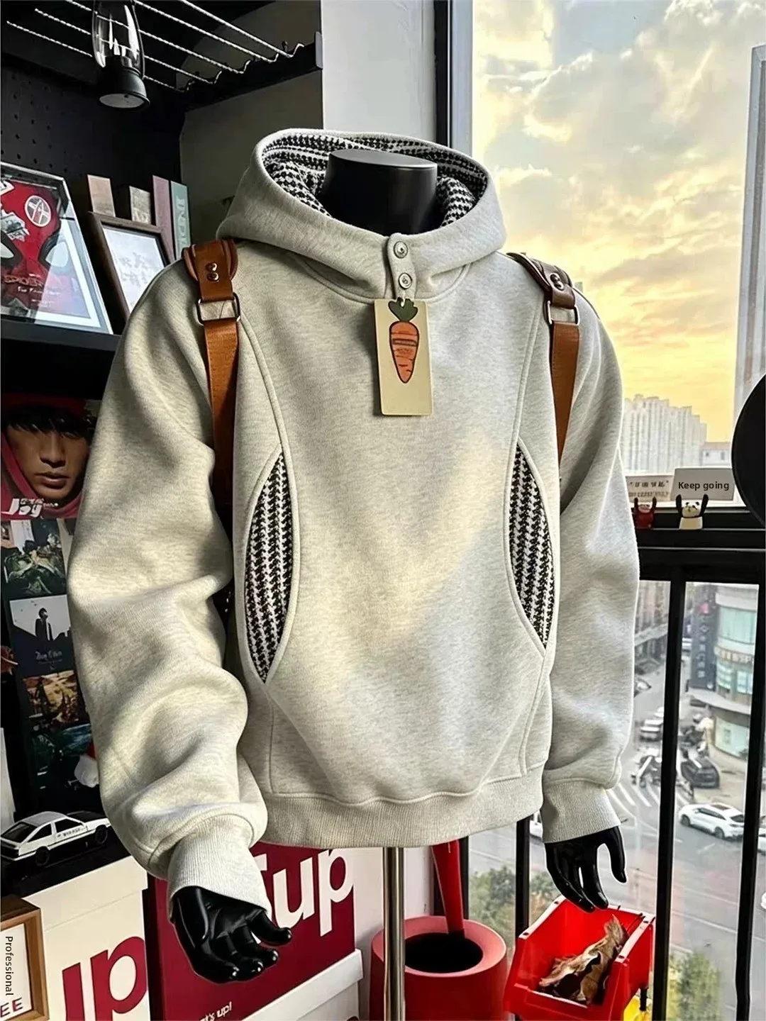 American Style Heavyweight Buttoned Hoodie Men's Early Autumn Design Plaid Splicing Top Small Deconstruction Couple Jacket