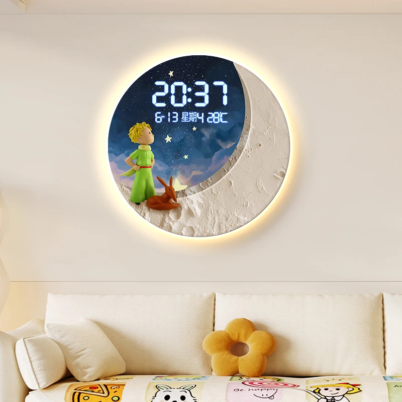 The Little Prince's digital display electronic clock, living room, bedroom, children's room, wall clock, creative wall lamp, lig