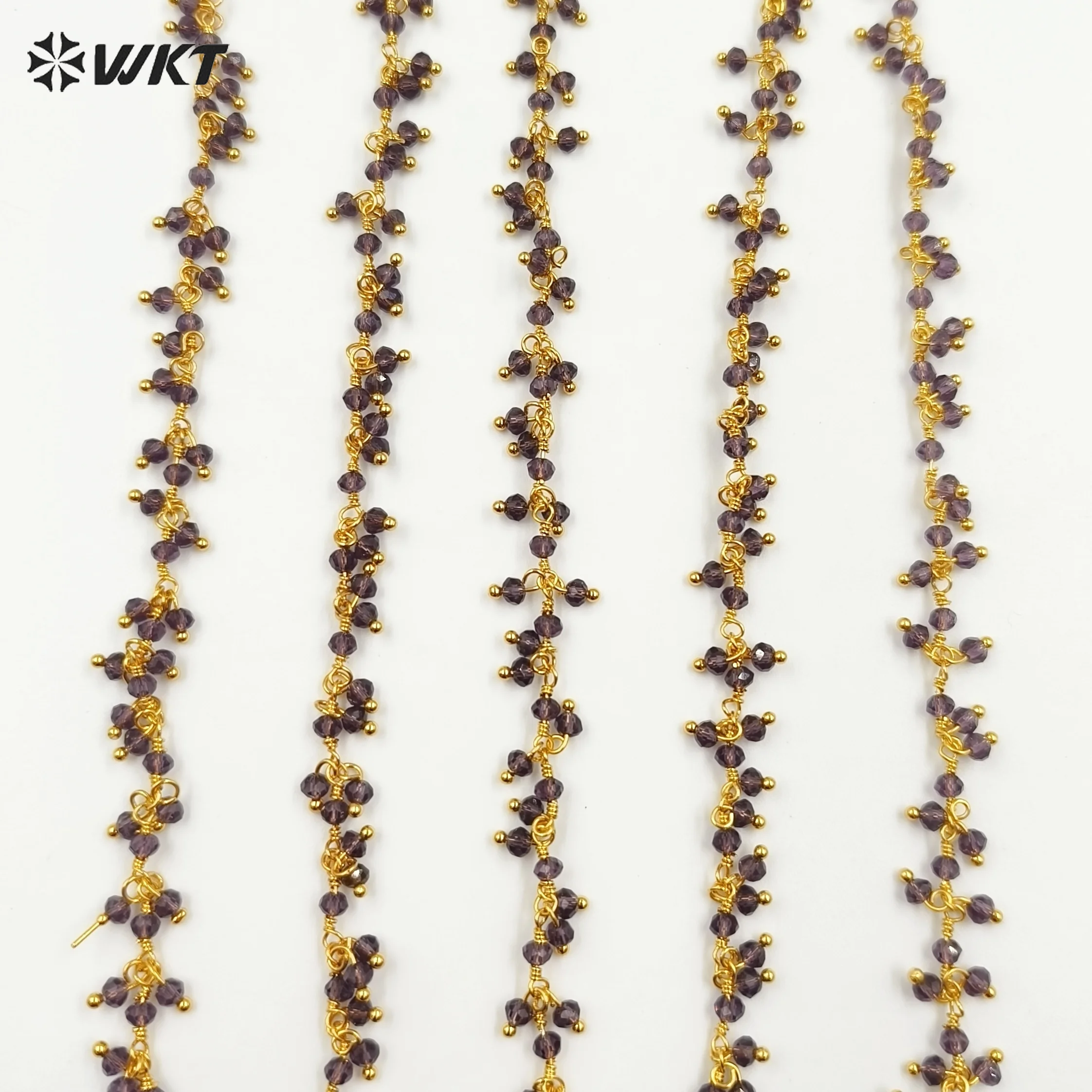 WT-RBC228 Wholesale New Fashion 18K Gold Plated Resist Tarnishable Purple Amethyst Charming Beads Chain For Necklace Design